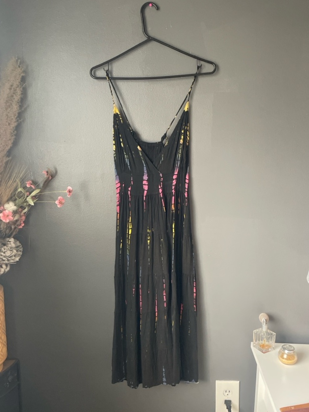 Black Boho Sundress Sz S Tie Dye Midi Strappy Open Back Smocked Flowy Festival